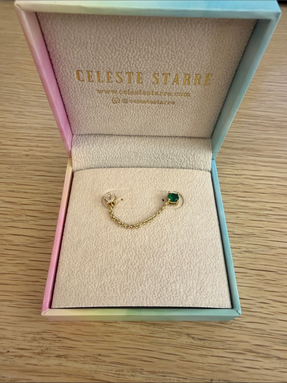 Gold Chain Ear Pin with Green and Clear Stones